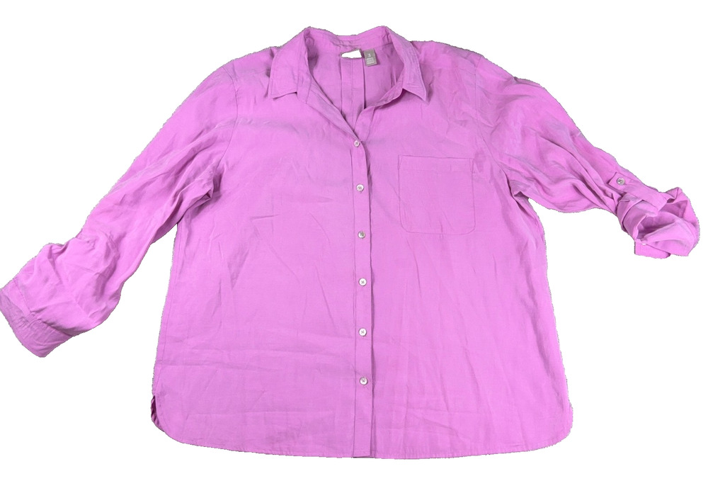Chicos Size 3 Womens Pink Orchid Button Front Blouse Roll Tab Sleeves